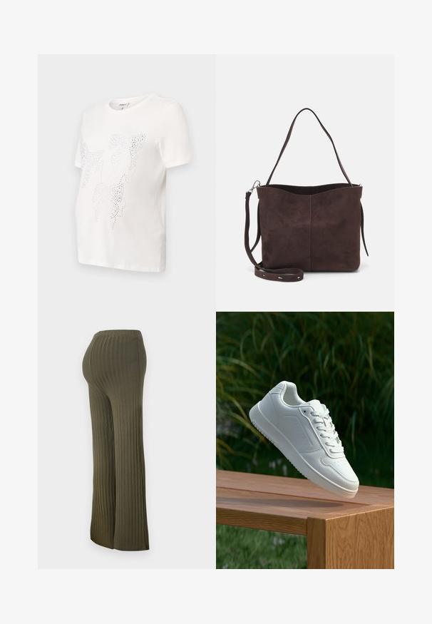 Hvitt bomulls t-skjorte med korte ermer, med et design av blader omrisset i små metallnagler. Rund hals, avslappet passform.; Olivenfargede, høytlivede ribbestrikkede bukser, utvidet fra kneet med en myk tekstur og elastisk midjebånd for komfort.; Hvite sneakers med en glatt syntetisk overdel, perforert tåboks, flate snørebånd og en teksturert såle, vist på en treflate.; Brun semsket stoff tote-veske med en myk tekstur, som har en enkelt skulderrem og en subtil buet toppåpning. Ingen synlige maskindetaljer.