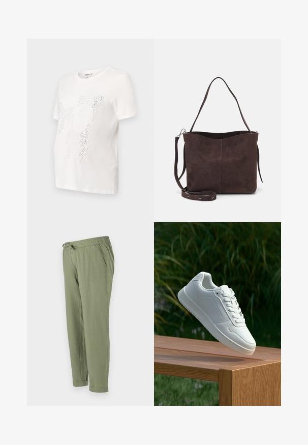 Vit bomullströja med korta ärmar, med ett mönster av blad som är konturerade i små metalliska nitar. Rund halsringning, avslappnad passform.; Ljust gröna, avslappnade byxor med elastisk midja, snörning, sidfickor och uppvikta nederkanter. Tillverkade i mjukt, strukturerat material.; Vita sneakers med en slät syntetisk ovandel, perforerat tåparti, platta snören och en strukturerad sula, placerade på en träyta.; Brun mockakläd väska med en mjuk textur, med en ensam axelrem och en subtilt rundad öppning upptill. Inga synliga detaljer i metall.