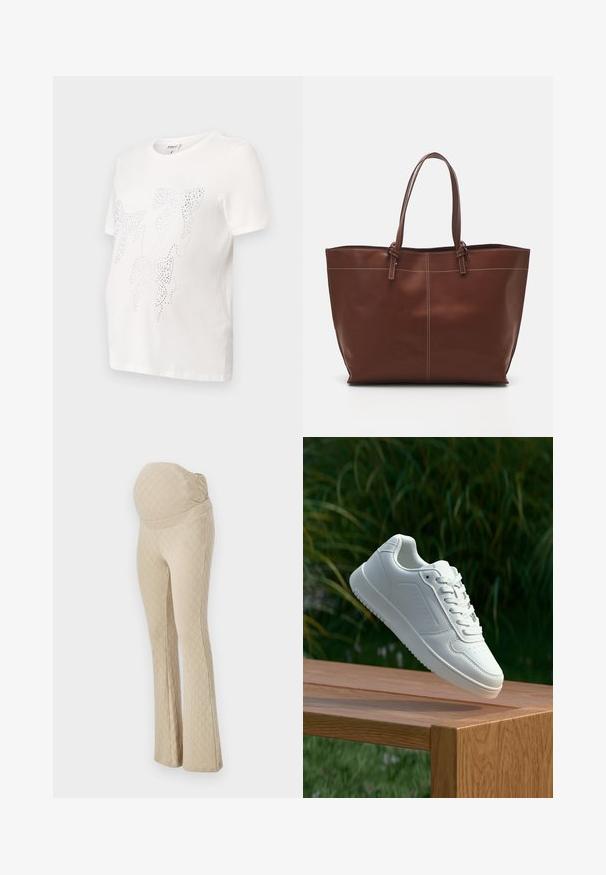 Balta kokvilnas T-krekls ar īsām piedurknēm, kuram ir lapu dizains, izklāts ar maziem metalizētiem studiem. Apaļa kakla izgriezums, brīvs piegriezums.; Bejīgas grūtniecības bikses ar flared piegriezumu un teksturētu dimanta rakstu, ar augstu elastīgu jostu vēdera atbalstam. Gluds auduma apdare.; Baltie sporta apavi ar gludu sintētisku augšpusi, perforētu pirkstu daļu, plakani šņorēm un rakstainu zoli, novietoti uz koka virsmas.; Brūns ādas somas ar divām rokturām, iekļauj kontrastējošas šuves un plašu dizainu, piemērota ikdienas lietošanai.