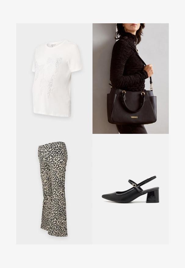 Hvitt bomulls t-skjorte med korte ermer, med et design av blader omrisset i små metallnagler. Rund hals, avslappet passform.; Leopardmønstrede vide bukser i beige og sort, med en glat tekstur, tætsiddende talje og en let stræk for komfort.; Sorte lakk lær slingback hæler med spiss tå, et avrundet utskjæringsdesign og blokkheel. Har en gulltone spenne som detalj.; Svart håndveske med teksturert overflate, doble topphåndtak og justerbar skulderrem. Har detaljer i gulltone og sidelommer.