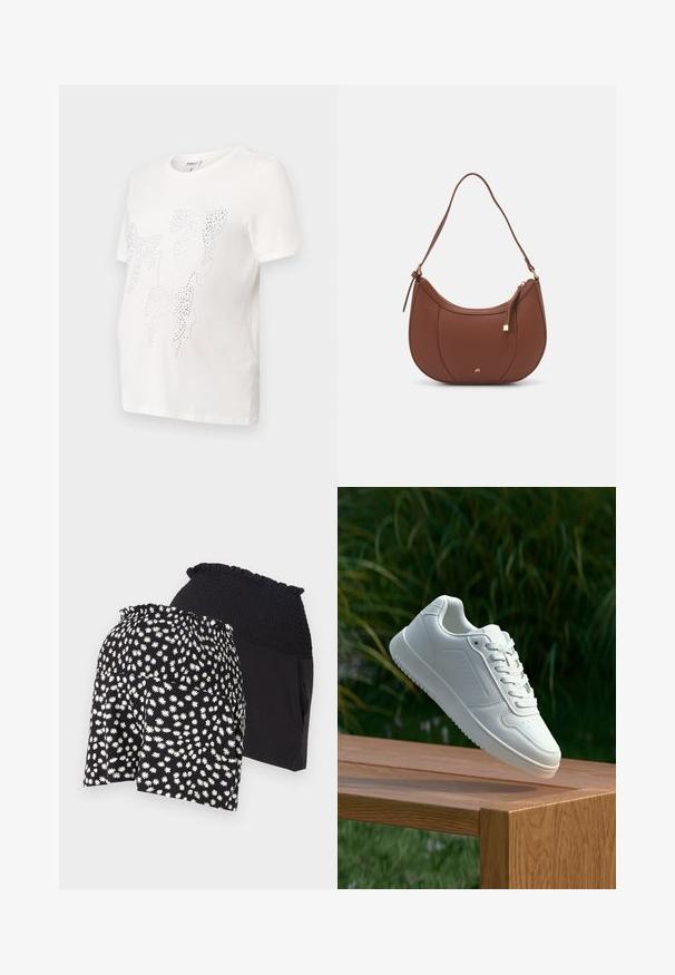 Tricou alb din bumbac cu mâneci scurte, având un design cu frunze conturate cu mici strasuri metalice. Guler rotund, croi lejer.; Șorturi negre cu un model floral alb de margarete, cu un talie elastică pliată; șorturile interioare sunt complet negre, cu o textură netedă.; Sneaker alb cu un upper sintetic neted, cu vârf perforat, șireturi plate și o talpă texturată, expus pe o suprafață de lemn.; Geantă de umăr din piele ecologică maro, cu o formă curbată, cusături minime și un accent din metal auriu. Are un închidere cu fermoar în partea de sus și o curea ajustabilă.