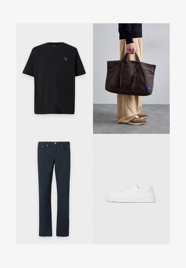 Čierne bavlnené tričko s krátkymi rukávmi, okrúhlym výstrihom a jemným vyšitou logom koňa v sivej farbe na ľavej hrudi.; Tmavomodré bavlnené nohavice s rovnými nohavicami, ktoré majú dve predné vrecká a gombíkový uzáver s kovovým hardvérom. Mäkká štruktúra.; Biele tenisky s hladkým koženým zvrškom, zaoblenou špičkou, šnúrkami, textúrovanými bočnými akcentmi a hrubou gumovou podrážkou. Minimalistický dizajn.; Hnedá nylonová taška cez rameno s dvoma rúčkami, so zipsom a modrou nášivkou. Hladká textúra, štruktúrovaný dizajn, priestranný interiér.