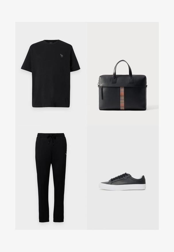 Melna kokvilnas t-krekls ar īsām piedurknēm, apaļa kakla izgriezums un smalks zirga logo izšūts pelēkā krāsā kreisajā krūtīs.; PS Paul Smith HAPPY - Treniņtērpa apakšdaļas - blacks; Melna ādas sporta apava ar baltu gumijas zoli, apaļu purngalu un melnām auklām, ar gludu tekstūru un minimālistisku dizainu.; Paul Smith BAG FOLIO UNISEX - Portfelis - black