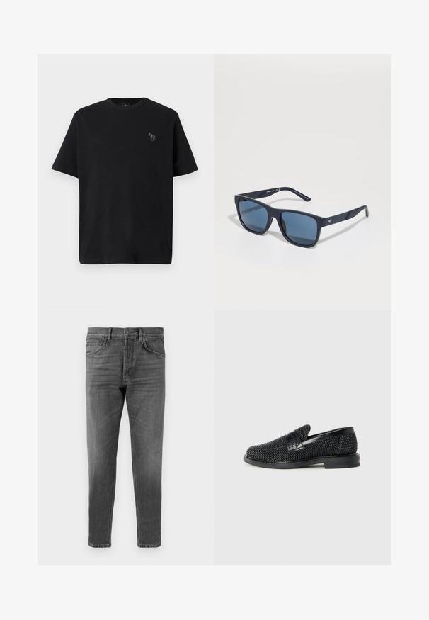 Schwarz Baumwoll-T-Shirt mit kurzen Ärmeln, Rundhalsausschnitt und einem dezenten Pferdelogo in Grau, das auf der linken Brustseite gestickt ist.; Graue Denim-Jeans mit geradem Bein, klassischem Fünf-Taschen-Design und subtilen Verwaschungen. Knopf- und Reißverschluss am Taillenbund.; Schwarzer geflochtener Slipper mit einem glatten Lederakzent im Obermaterial, einem runden Zehendesign und einer flachen Gummisohle.; Blaue rechteckige Sonnenbrille mit dunklen Gläsern, mattem navy-blauen Rahmen, Logodetail an den Bügeln, geraden Bügeln und einer soliden, glatten Textur.