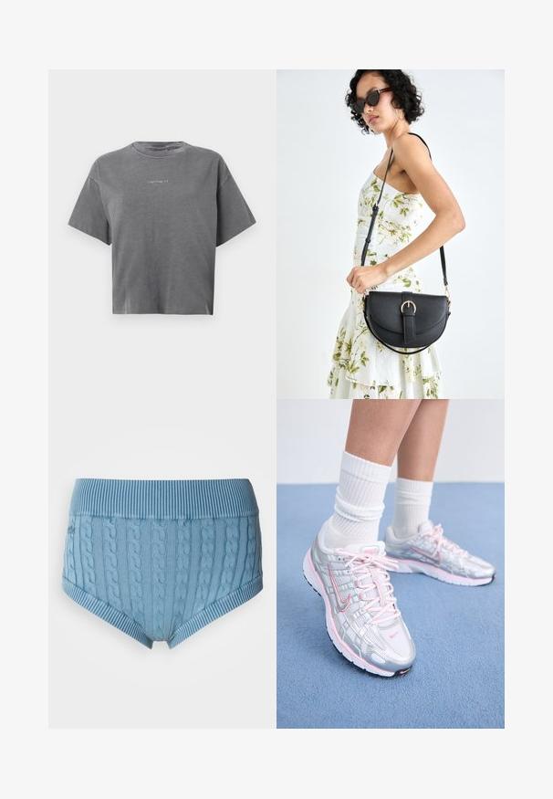 Gray short-sleeve cropped T-shirt with crew neck and small centered white "carhartt" logo on front.; Light blue cotton briefs with a ribbed waistband and cable-knit texture. Front and back feature horizontal stripes at the edges.; Nike running shoes featuring a silver mesh upper with pink accents, white laces, and a textured sole. Worn with white cotton athletic socks.; Black leather handbag with a curved shape, detachable strap, and gold hardware. The bag features a flap with a buckle detail.
