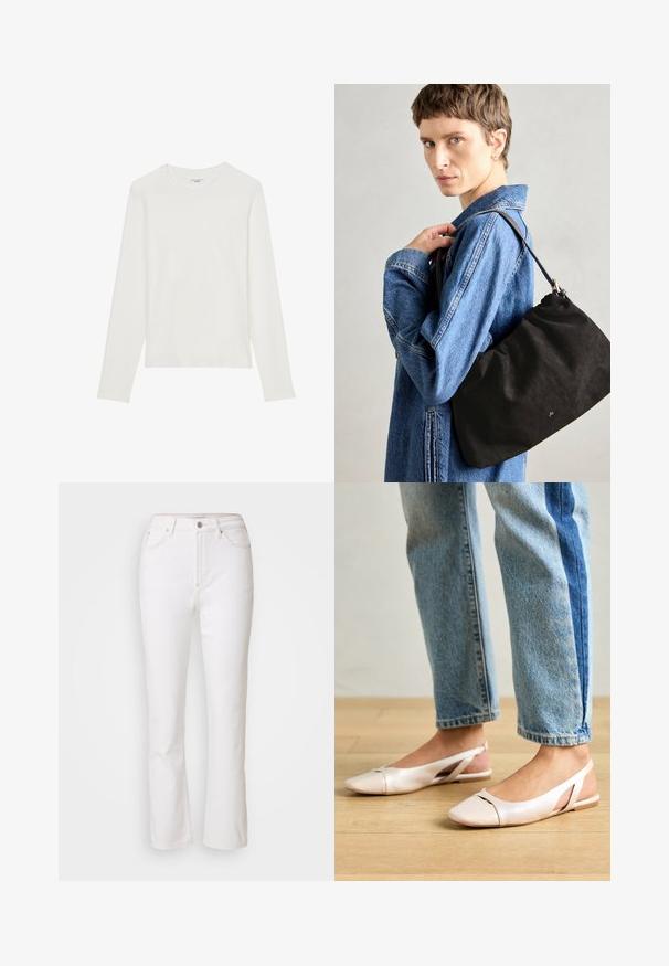 Tricou alb cu mânecă lungă, realizat dintr-un material moale, având un guler rotund și un design simplu, elegant, fără motive suplimentare.; Blugi din denim alb cu un design drept, talie înaltă și detalii minime de cusătură. Au un sistem de închidere cu nasture metalic și buzunare frontale.; Sandalete plate de un roz pal cu vârf ascuțit, realizate dintr-un material asemănător pielii, neted. Prezintă detalii decupate pe laterale și un toc plat.; Geantă din suede neagră, cu o formă moale și structurată, având o curea subțire din piele și un logo subtil al mărcii. Modelul poartă o jachetă din denim.