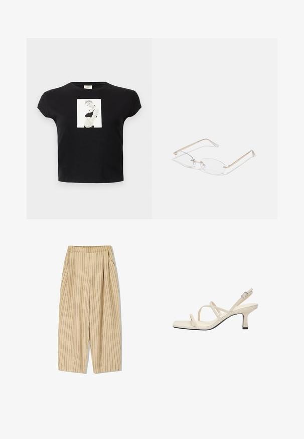 Zwart cropped t-shirt met korte mouwen, met een centrale witte grafiek waarop een zwart-wit foto van een vrouw in een beha en broek die zijwaarts poseert staat.; Beige gestreepte broek met een elastische tailleband, voorzien van twee zijzakken, een losse pasvorm en verticale zwarte streepjes voor detail.; Beige sandalen met bandjes en een vierkante teen, met dunne bandjes en een lage blokhak. Gladde stof met een contrasterende zwarte afwerking.; Gouden metalen bril met ovale lenzen, slanke armen en transparante neus pads. Heeft subtiele scharnieraccenten en transparante lenzen.; Gouden handtas met een gebogen vorm en korte handgreep, vastgehouden door een persoon die een zwarte geplooide rok en zwarte leren cowboylaarzen draagt.