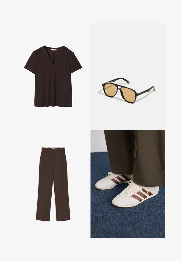 Mörkbrun t-shirt i mjukt tyg, med djupt V-halsing, korta ärmar och rak fåll med subtila sömnadsdetaljer.; Bruna byxor, rak ben-design, platt fram, midja med bälteshällor, inga synliga mönster, tillverkade av slät tyg.; Vita sneakers med bruna ränder som bärs med bruna byxor på en blått heltäckande matta.; Svarta solglasögon med bruna tonade linser; rektangulär form med en tjock ram, inklusive subtila detaljer av metall vid glasögonbågarna.