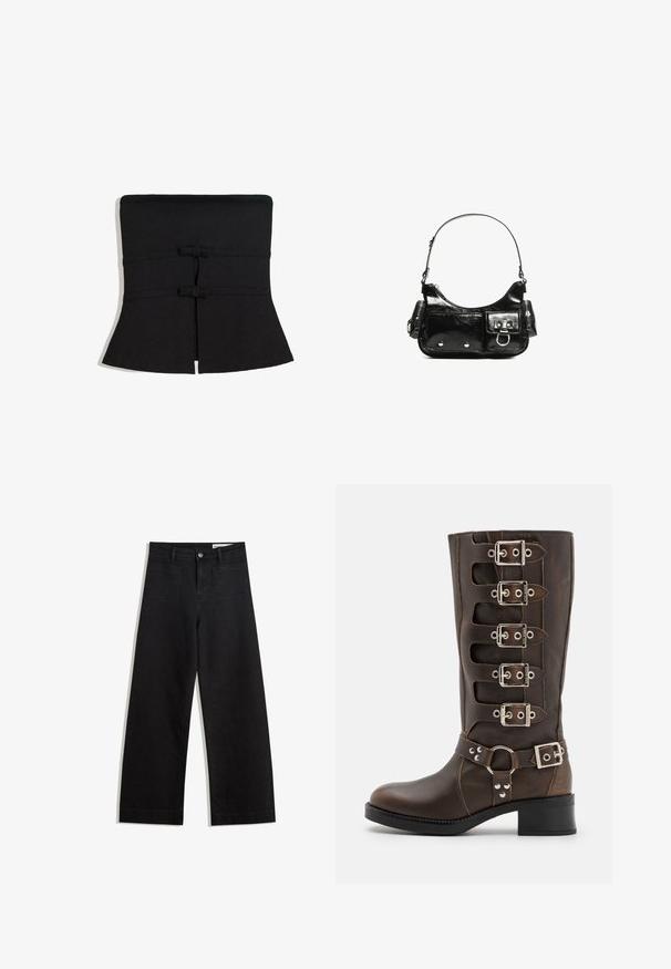 Top senza maniche in tessuto nero con orlo a campana, dotato di due dettagli annodati in vita e una texture morbida e elasticizzata.; Pantaloni in denim neri a gamba larga con vita alta, dotati di tasche anteriori e posteriori, cuciture a punto, e chiusura con bottone. Texture liscia.; Steve Madden BATTLE - Stivali texani / biker - brown; Borsa a spalla in vernice nera con forma curvata, una tracolla, tasche frontali e dettagli in metallo argentato.