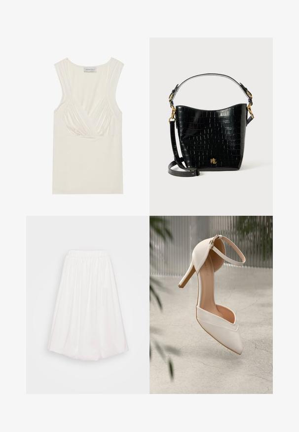 Svetlý krémový top bez rukávov s výstrihom do V a zberaním na bokoch, vyrobený z mäkkého a pružného materiálu. Štítok znie "ANNA FIELD."; Biela sukňa po kolená s elastickým pásom, vyrobená z hladkej látky, so zberaným dizajnom pre objemný tvar.; Biele vysoké lodičky z hladkého materiálu s špicatou špičkou a členkovým remienkom. Majú svetlohnedý interiér a akcenty v zlatej farbe.; Čierna kabelka z kože s embosovaným hadím vzorom, zakriveného tvaru, so zlatými kovovými doplnkami, nastaviteľným popruhom a detailom loga na prednej strane.; Tričko na vlasy: jedno čierno-biele mramorované, dve korytnačie v hnedej a čiernej farbe, všetky vyrobené z lesklého plastu s textúrovaným povrchom.