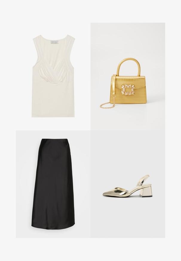 Kremo spalvos be rankovių viršus su V formos iškirpte ir surinkimo detalėmis šonuose, pagamintas iš minkštos, tamprios medžiagos. Etiketėje parašyta "ANNA FIELD."; Juodas satino midi sijonas su lygiu tekstūru, A formos siluetu ir subtiliu nedideliu blizgesiu. Išsiskiria elegantišku, nesudėtingu dizainu be papuošimų.; Auksiniai, metaliniai slingback aukštakulniai bateliai su smailiu pirštu ir masyviu kulnu. Lygus paviršius, minimalizmo dizainas ir siaura juostelė.; Geltonas dirbtinės krokodilo odos rankinukas su standžiu dizainu, viršutine rankena, nuimamu grandininiu dirželiu ir dekoratyviniu krištolo papuošimu ant užsegimo.