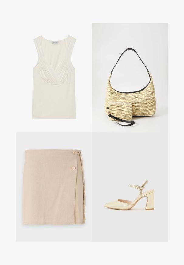 Kremna brezrokavnica z V-izrezom in naborki na straneh, izdelana iz mehkega, raztegljivega materiala. Oznaka pravi "ANNA FIELD."; Bež krilo iz mehkega materiala, z dvema lesenima gumboma in zavezanjem ob strani. Gladka tekstura, srednje dolžina.; Zlata metalna visoka obuća s šiljastim nosom, remenom oko gležnja s kružnim kopčom i dizajnom debljeg potplata. Glatka tekstura.; Tkana torbica iz slame s zakrivljenim siluetom, ki vključuje gladek črn usnjen trak in usklajen majhen žep, pritrjen z ročajem za zapestje.