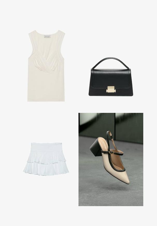 Valkoinen hihaton paita, jossa on V-pääntie ja kerättyjä yksityiskohtia sivuilla, valmistettu pehmeästä, joustavasta materiaalista. Tagi kertoo "ANNA FIELD".; Valkoinen kerroksellinen hame, joka on valmistettu pehmeästä, kevyestä kankaasta. Siinä on kuminauhateknologialla tehty vyötärö ja virtaavat röyhelöt, jotka luovat volyymiä ja liikettä.; Beige slingback-kengät, joissa on musta reuna, kultahakas, ja paksu lohkoheel, harmaalla lattialla tummanvihreää taustaa vasten.; Musta nahkakäsilaukku, jossa on jämäkkä muotoilu, yläkahva ja kultainen metallisolki edessä. Sujuva pinta, minimaalinen ompelu.