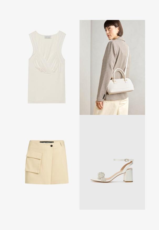 Svetlý krémový top bez rukávov s výstrihom do V a zberaním na bokoch, vyrobený z mäkkého a pružného materiálu. Štítok znie "ANNA FIELD."; Béžová sukňa so zaviedkovým pásom, predným zapínaním na gombíky a cargo vreckom na ľavej strane. Hladká látka s upraveným dizajnom.; Biele otvorené sandále s hrubým blokovým podpätkom, ktorých súčasťou je textúrovaný glitrový pás cez nohu a nastaviteľný remienok okolo členku.; Biela štruktúrovaná kabelka s krátkymi rúčkami a ramenným popruhom, s zlatými kovovými prvkami a textúrovaným materiálom, vystavená na šedom pozadí.