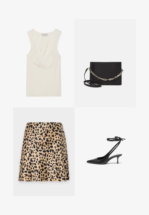 Cream-colored sleeveless top with a V-neck and gathered detailing at the sides, made from soft, stretchy material. Tag reads "ANNA FIELD."; Leopard print mini skirt made of smooth fabric; features a beige background with black spots; simple cut and no visible hardware.; Black leather stiletto shoe with a pointed toe, open back, and ankle straps tied in a bow. Slim 3-inch heel. Smooth texture, minimalist design.; Black leather crossbody bag featuring a smooth texture, rectangular shape, and a metallic chain detail on the front. Adjustable strap included.