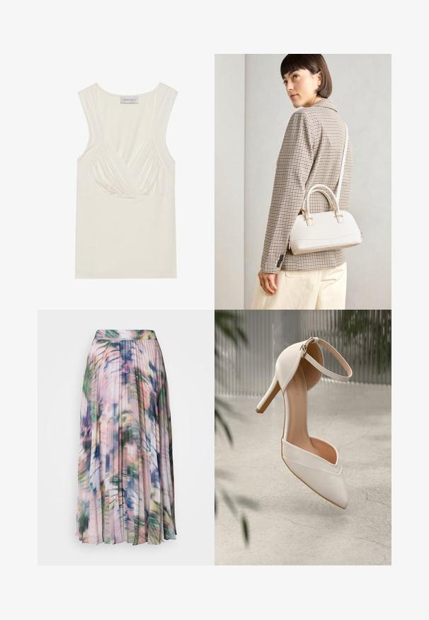 Kremna brezrokavnica z V-izrezom in naborki na straneh, izdelana iz mehkega, raztegljivega materiala. Oznaka pravi "ANNA FIELD."; Plisirana midi krila iz lahkega, prosojnega materiala. Ima večbarvni abstraktni cvetlični vzorec v odtenkih roza, zelene in modre.; Bele visoke petne čevlje iz gladkega materiala s koničastim nosom in gležnjenim trakom. Imajo svetlo tan notranjost in zlat ton dodatkov.; Bela strukturirana torba z kratkimi ročaji in naramnim trakom, z zlatimi okrasnimi elementi in teksturiranim materialom, prikazana na sivi podlagi.; Uhane nakit iz zlatastega tona z gladko, ukrivljeno zasnovo. Ima edinstveno koničasto obliko, polirano površino in zaponko s tečajem.