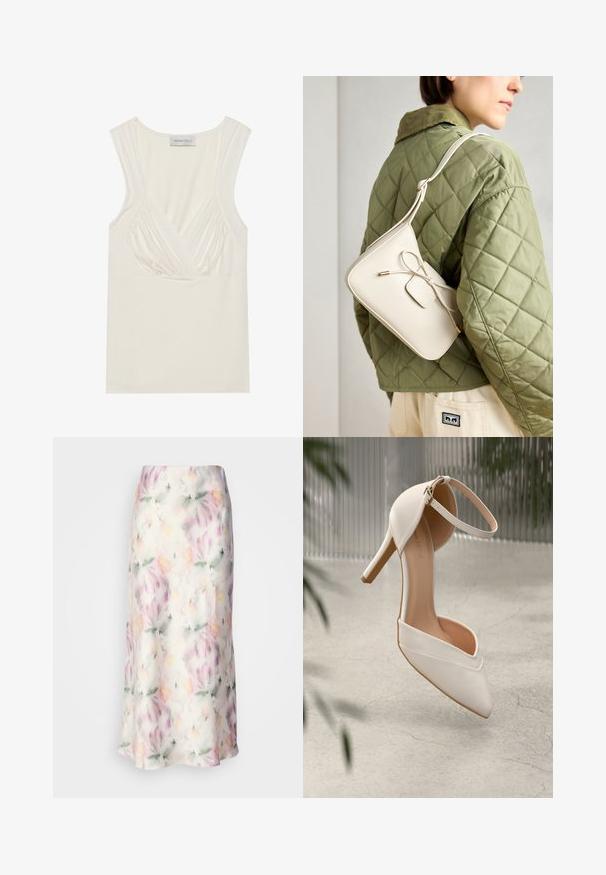 Kremowy top bez rękawów z dekoltem w serek i marszczeniami po bokach, wykonany z miękkiego, elastycznego materiału. Metka mówi "ANNA FIELD."; Kwiatowa spódnica midi z lekkiego materiału, z nadrukiem akwarelowym w pastelowych kolorach, o zwiewnym kroju i subtelnym połysku.; Białe buty na wysokim obcasie z gładkiego materiału, z wypłaszczonym noskiem i paskiem na kostkę. Wnętrze w jasnym odcieniu brązu, z akcentami w kolorze złotym.; Beżowa skórzana torebka na ramię z kokardką, złotymi detalami i pojedynczym regulowanym paskiem, noszona na zielonej pikowanej kurtce.