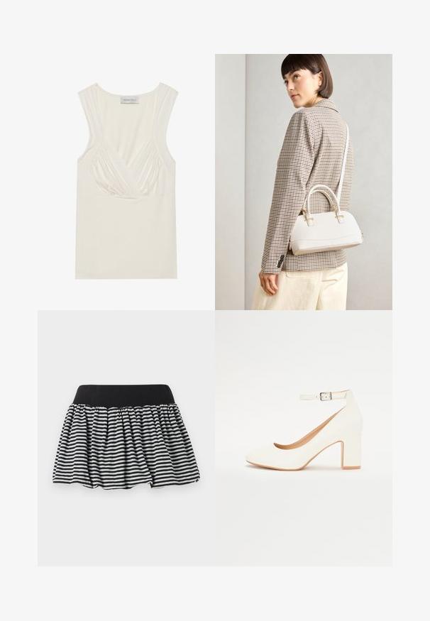 Kreemikas värv, ilma varrukateta tee, millel on V-kaelus ja külgedel kogutud detailid, valmistatud pehmest ja venivast materjalist. Sildil on kirjutatud "ANNA FIELD."; Mustro mustriga mustriga seelik, millel on kogumisega disain ja elastne vöökoht, valmistatud pehmest materjalist. Omab ääristatud kuju, mis lisab täidlust.; Valge kõrge kontsaga king, millel on terav nina, plokk-konts ja pahkluu rihm. Sile viimistlus kerge läikega ja beež sisekate.; Valge struktureeritud käekott lühikeste käepidemete ja õlavööga, millel on kuldse riistvara aktsendid ja tekstuuriga materjal, eksponeeritud halli taustal.