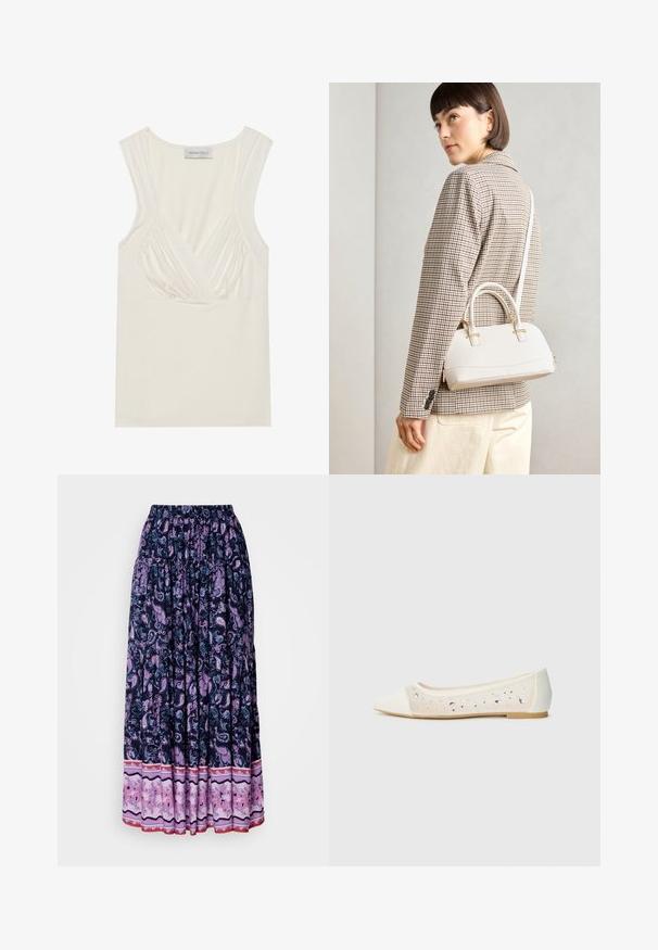 Kremo spalvos be rankovių viršus su V formos iškirpte ir surinkimo detalėmis šonuose, pagamintas iš minkštos, tamprios medžiagos. Etiketėje parašyta "ANNA FIELD."; Tamsiai mėlyna maksi sijonas su detaliu purpuriniu paisley raštu; elastinga juosta ir sluoksniuota apačia su kontrastinga gėlių medžiaga apačioje.; Kreminės odos balerinos bateliai su skaidriu viršumi, dekoruoti išsibarsčiusiais kristalais. Minkštas padas užtikrina komfortą, minimalistinis dizainas.; Balta struktūruota rankinė su trumpomis rankenomis ir peties diržu, su auksinėmis detalėmis ir tekstūruota medžiaga, pastatyta prieš pilką foną.; Penkių auksinių auskarų rinkinys, pasižymintis įvairiais dizainais: suktos, briaunotos ir lygios paviršiai, kilpos ir pusmėnulio formos.