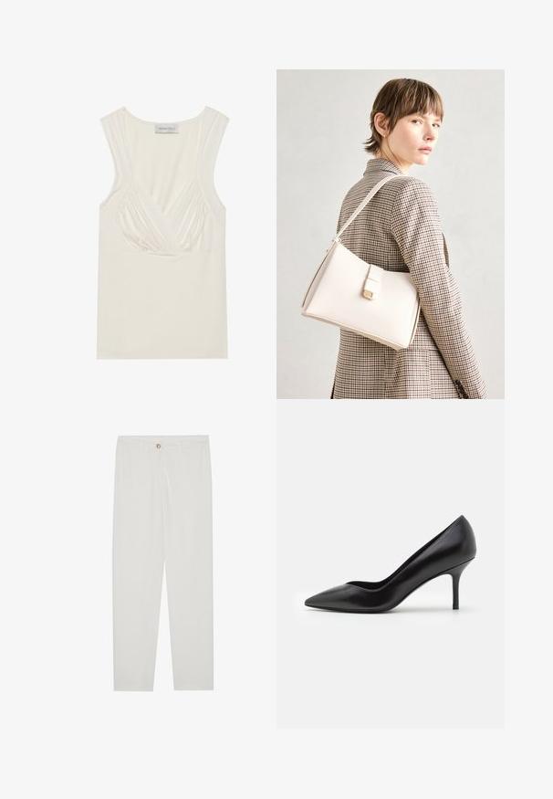 Kreemikas värv, ilma varrukateta tee, millel on V-kaelus ja külgedel kogutud detailid, valmistatud pehmest ja venivast materjalist. Sildil on kirjutatud "ANNA FIELD."; Valged kohandatud püksid sirge lõikega, varustatud nupuga kinnitusega, vöödega ja küljetaskutega; sile kangatekstuur.; Must musta kõrge kontsaga kingad terava ninaga ja sihverate kontsadega. Sile tekstuur, minimaalsete kaunistustega.; Valge nahast käekott struktureeritud disainiga, millel on magnetlukk ja õlavarre rihm, esitletud neutraalse tausta ees.