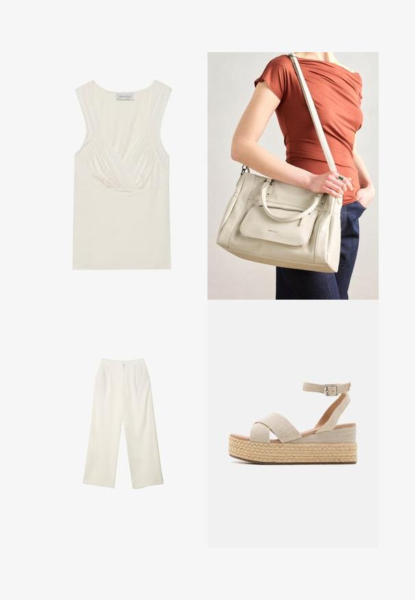 Kremasti bezrukavni top s V-izrezom i nabrane detalje sa strane, napravljen od mekog, rastezljivog materijala. Oznaka kaže "ANNA FIELD."; Hlače širokih nogavica od kremaste tkanine s glatkom teksturom, s jednim prednjim gumbom, suptilnim plitvicama i visokim strukom.; Bež espadrille platform sandale s tkanim gornjim dijelom, križnim trakama, kopčanjem oko gležnja i teksturiranom potplatom od jute.; Bijela kožna torba s dvije ručke i odvojivim remenom, s prednjim zatvornim džepom i glatkom teksturom. Drži se na ruci osobe.