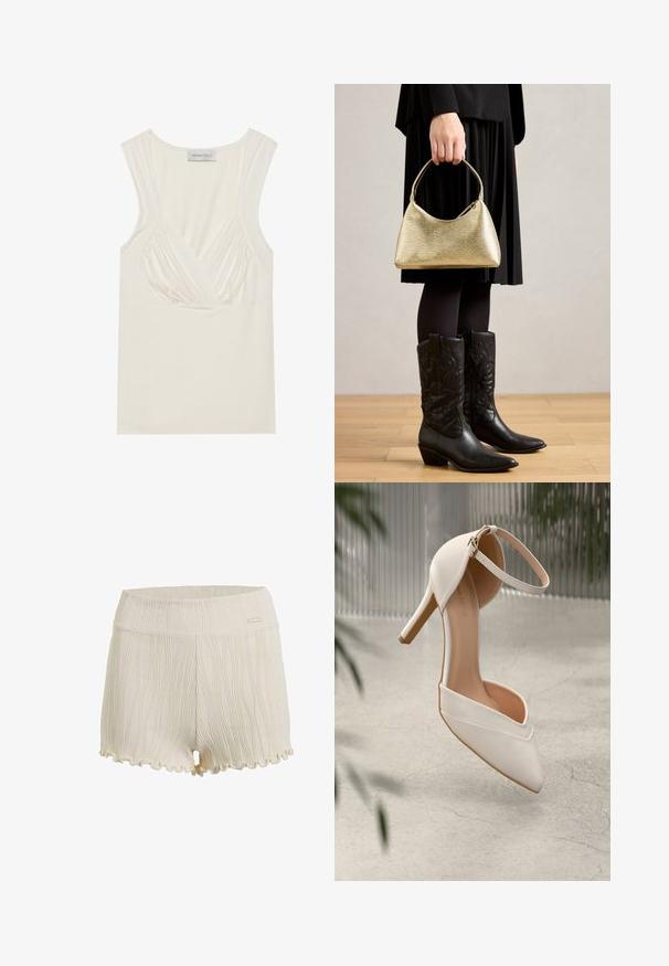 Kremo spalvos be rankovių viršus su V formos iškirpte ir surinkimo detalėmis šonuose, pagamintas iš minkštos, tamprios medžiagos. Etiketėje parašyta "ANNA FIELD."; Medvilniniai šortai kreminės spalvos su tekstūruotomis vertikaliomis linijomis, banguotu kraštu ir lygiu juosmeniu, kuriame yra mažas logotipo akcentas.; Balti aukštakulniai bateliai iš lygios medžiagos su smailiu pirštu ir kulkšnies dirželiu. Yra šviesiai rudos spalvos vidus ir auksinės spalvos detalės.; Auksinė tekstūruota rankinė su kreiva forma ir trumpu rankenėle, laikoma žmogaus, apsirengusio juoda plisuota sijonu ir juodais odiniais cowboy batais.