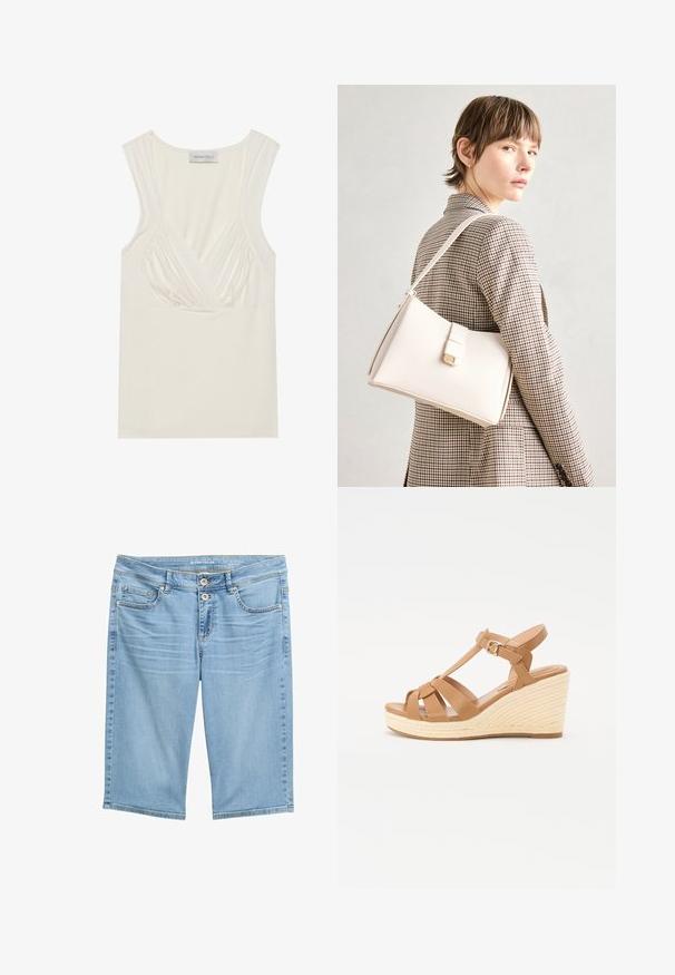 Krēmus krāsas bez piedurknēm topiņš ar V veida kakla izgriezumu un savirknējumu detaļām sānos, izgatavots no mīkstas, elastīgas materiāla. Etiķete norāda "ANNA FIELD."; Gaiši zili džinsu Bermudu šorti ar vidēji augstu jostasvietu, divām priekšējām kabatām un diviem pogu aizdariem. Gluda tekstūra un taisna griezuma forma.; Brūnas siksnu sandales ar krusteniskām siksnām, regulējamu potītes sprādzi un teksturētu auduma espadrilju stila papēdi.; Balta ādas rokassoma ar strukturētu dizainu, kurai ir magnētiska aizdare un plecu josta, parādīta uz neitrāla fona.