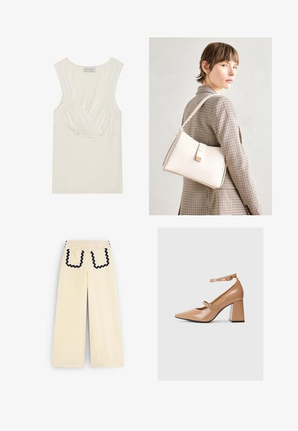 Cremefarbenes ärmelloses Top mit V-Ausschnitt und Raffung an den Seiten, aus weichem, dehnbarem Material gefertigt. Das Etikett trägt die Aufschrift "ANNA FIELD."; Weite gelbe Hosen mit strukturiertem Finish. Mit kontrastierenden marineblauen Rüschendetails an den Taschenrändern und Seitennähten.; Beige Lackleder-Pumps mit spitzem Zeh, einem Knöchelriemen und einem massiven Quadratabsatz. Glatte Textur mit glänzender Oberfläche.; Weiße Lederhandtasche mit strukturiertem Design, ausgestattet mit einem Magnetverschluss und einem Schulterriemen, präsentiert vor einem neutralen Hintergrund.