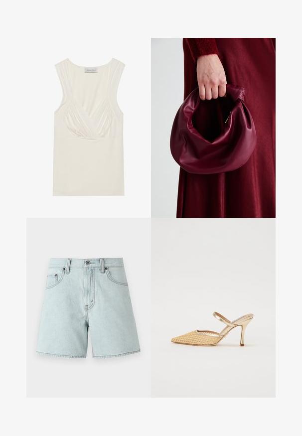 Kremo spalvos be rankovių viršus su V formos iškirpte ir surinkimo detalėmis šonuose, pagamintas iš minkštos, tamprios medžiagos. Etiketėje parašyta "ANNA FIELD."; Šviesiai mėlynos džinsinės šortai su aukštu liemeniu, turintys dvi priekinės kišenes, mygtuko užsegimą ir šonines siūles.; Kota pae heeled sandalai su pintu nosiimu auksiniu medžiaga, siauras metalinis kulnas ir kulkšnies dirželis. Dizaino ypatybėse yra kontrastinga auksinė apdaila.; Bordo odinė rankinė su minkštu, susiraukšlėjusiu dizainu ir apvalia forma. Rankena yra tvirtai pritvirtinta, atskleidžianti lygią tekstūrą.