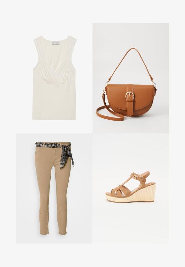 Top sem mangas de cor creme com decote em V e detalhes franzidos nas laterais, feito de material macio e elástico. Etiqueta lê "ANNA FIELD."; Jeans skinny bege com uma faixa preta estampada na cintura e um laço correspondente. Apresentam cinco bolsos e uma textura suave em mistura de algodão.; Sandálias de cunha castanha com um design de tiras cruzadas, fivela ajustável no tornozelo e uma cunha com estilo espadrille trançada e texturizada.; Bolsa transversal de couro castanho com um formato curvado, ferragens douradas e um detalhe de fivela. Inclui uma alça de ombro destacável.
