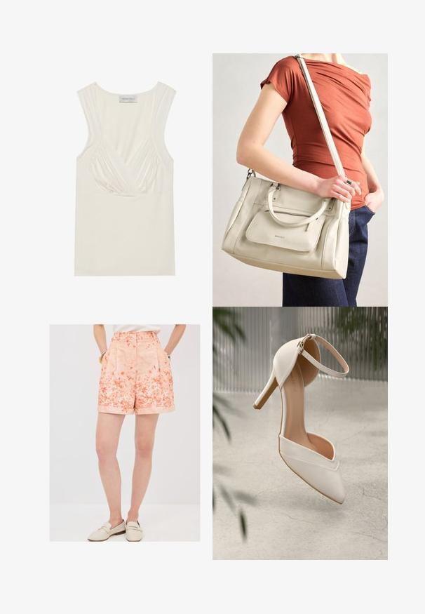 Crème-kleurige mouwloze top met een V-hals en geplooide details aan de zijkanten, gemaakt van zachte, rekbare stof. Het label zegt "ANNA FIELD."; Koraloranje shorts met bloemenpatroon, voorzien van plooien en omgeslagen zomen. Gemaakt van een lichtgewicht stof en uitgerust met twee zijzakken voor extra gemak.; Witte high heel schoen van soepel materiaal met een puntige neus en enkelbandje. Heeft een lichtbruine binnenkant en goudkleurige hardware accent.; Witte leren handtas met dubbele handgrepen en een afneembare schouderband, met een voorzak met rits en een gladde textuur. Draagend aan de arm van een persoon.