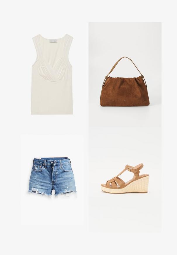 Kremna brezrokavnica z V-izrezom in naborki na straneh, izdelana iz mehkega, raztegljivega materiala. Oznaka pravi "ANNA FIELD."; Svjetloplave traper šortse s razderanim rubovima, visokim strukom, kopčanjem na dugme i dva prednja džepa; istrošeni detalji dodaju teksturu.; Sandalice z večjim peto v bež barvi z navzkrižno naramnicami, nastavljivim paščkom okoli gležnja in teksturirano pleteno espadrillo-stil peto.; Rjava nubukova torbica z nabranim dizajnom, ki ima en sam tanek usnjen ročaj in subtilno zlate podrobnosti s logotipom na sprednji strani.