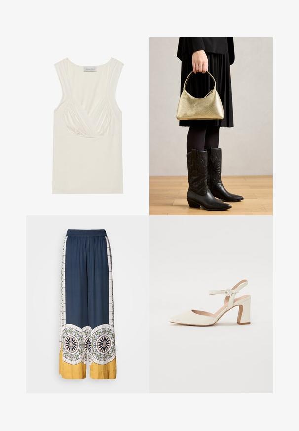Krämfärgad ärmlös topp med V-ringning och veckad detalj vid sidorna, tillverkad av mjukt, stretchigt material. Taggen visar "ANNA FIELD."; Marinblå vida byxor med elastisk midja, prydda med geometriska mönster i vitt, grönt och gult längs fållen och sidorna.; Spetsig tå, krämfärgad pumpsko med klack av blocktyp. Har en tunn ankelrem med en rund spänne och en slät lädertextur.; Gyllene texturerad handväska med kurvform och kort handtag, hålls av en person som bär en svart plisserad kjol och svarta lädercowboystövlar.