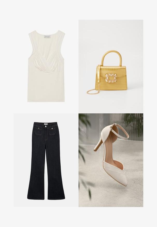 Kreemikas värv, ilma varrukateta tee, millel on V-kaelus ja külgedel kogutud detailid, valmistatud pehmest ja venivast materjalist. Sildil on kirjutatud "ANNA FIELD."; Mustad tume denim püksid, millel on kõrge vöökoht, kaks esikot ja oranž õmblus. Materjal näeb välja vastupidav ja sile.; Valged kõrged kontsad siledast materjalist, terava ninaga ja pahkluu rihmaga. Omab heledat pruunikat sisetalu ja kuldset riistvara aktsenti.; Kollane faux-krokodilli käsipindaga kott, millel on struktureeritud disain, ülemine käepide, eemaldatav kettmass ja dekoratiivne kristallkaunistus klambril.