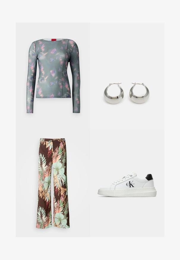 Long-sleeve top in soft fabric with a green base, featuring a floral pattern in pink and purple, stitched seams, and a round neckline.; Wide-leg trousers featuring a dark brown fabric with a vibrant floral and leafy pattern in shades of green, red, and peach. Soft, lightweight material.; White low-top sneaker with black heel tab, platform sole, laces, and Calvin Klein "CK" logo on the side.; Silver metal hoop earrings with a smooth, shiny surface and a structured, rounded design. Features a hinged clasp for secure wear.