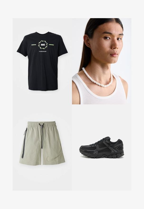 Fekete Nike póló, világoszöld swoosh körrel a "NIKE" felirat körül, valamint "Engineered Sportswear" szöveggel és finomnyomtatott szöveggel alatta.; Világosszürke sport rövidnadrág elasztikus derékkal, zsinórral, két oldalsó cipzáras zsebbel és perforált logó részlettel a bal alsó lábszáron.; Fekete sportcipő, hálós felsőrésszel, gumitalppal és texturált részletekkel. A dizájn kiemelkedő fűzőrendszert és párnázott talpat tartalmaz.; Fehér kagyló nyaklánc, amely szabálytalan formákból áll, egy testre simuló fehér ujjatlan felső felett viselve. Simára polírozott textúra, finom fényességgel, szoros illeszkedésű kialakítással.