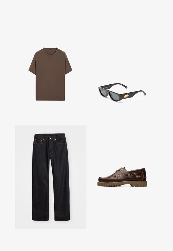 Brown cotton t-shirt with a round neck and short sleeves. Simple design with an even texture and a relaxed fit. No patterns or accents.; Men’s straight-leg black denim jeans with five pockets and orange stitching, button and zip closure on front waistband.; Brown leather lace-up boat shoe with stitched detailing and thick rubber sole, viewed from the side.; Black sunglasses with a rectangular frame, gray lenses, and a prominent gold logo on the temple. Smooth plastic material and sleek design.