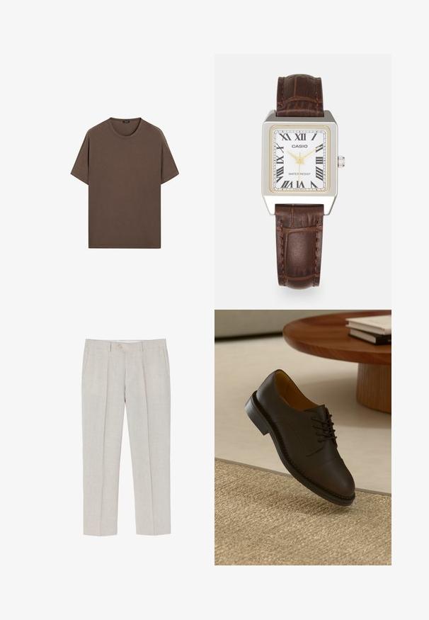 Braunes Baumwoll-T-Shirt mit Rundhalsausschnitt und kurzen Ärmeln. Einfaches Design mit gleichmäßiger Textur und lockerer Passform. Keine Muster oder Akzente.; Helle beigefarbene Leinenhose mit geradem Bein, subtiler Textur, zwei vorderen Taschen und einem einzelnen Knopfverschluss an der Taille.; Braune Lederdressschuhe mit strukturierter Oberfläche, Schnürdesign, kontrastierenden Nähten und einer strapazierfähigen Gummisohle, die über einem gewebten Teppich schwebt.; Rechteckige Casio-Uhr mit weißem Zifferblatt, goldenen Akzenten, römischen Ziffern und einem braunen Lederarmband im Krokodil-Muster. Wasserdichtes Design.