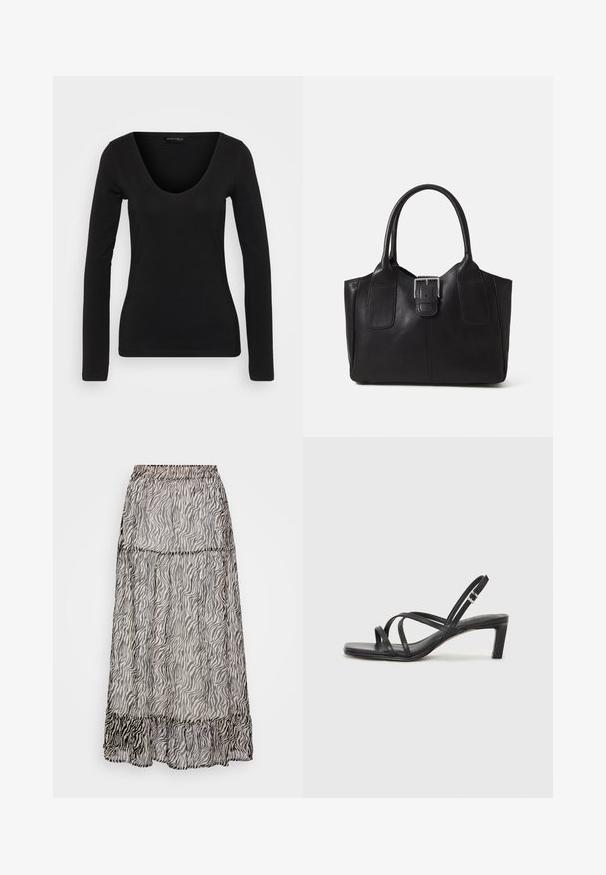 Zwarte top met lange mouwen, gemaakt van zacht stof, met een diepe V-hals en een aansluitende silhouet, een gladde textuur en minimale naden.; Lange, doorschijnende rok met een zebra-strijkpatroon in zwart en grijs. Elastische tailleband met een gerimpelde zoom aan de onderkant. Lichtgewicht stof.; Zwarte sandaal met bandjes, vierkante teen en een lage blokhak. Voorzien van meerdere dunne bandjes en een verstelbare enkelband. Gemaakt van zacht leer.; Zwarte leren tote bag met een gladde textuur, gestructureerde vorm, twee handvatten en een opvallend zilveren sluitingdetail aan de voorkant.