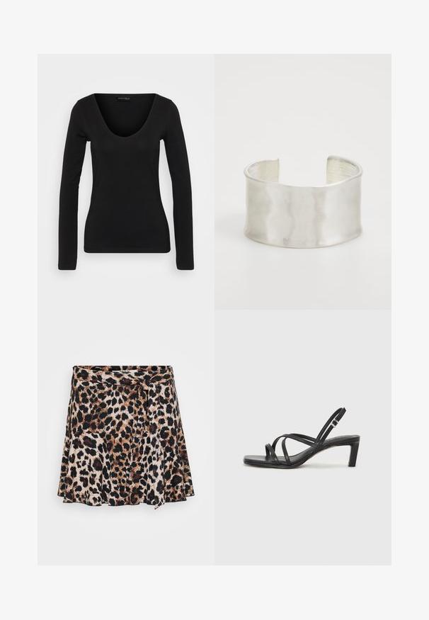 Top negru cu mâneci lungi, realizat dintr-un material moale, cu decolteu adânc în V și croială mulată, având o textură netedă și cusături minimale.; Fustă în stil înfășurat cu imprimeu leopard, având un design evazat, cu nuanțe de maro și negru pe un fundal deschis. Material moale cu o textură fină.; Sandal cu barete negre, cu vârf pătrat și toc mic de bloc. Prezintă mai multe barete subțiri și o bareta ajustabilă la gleznă. Fabricat din piele netedă.; Zign Brăţară - silver-coloured