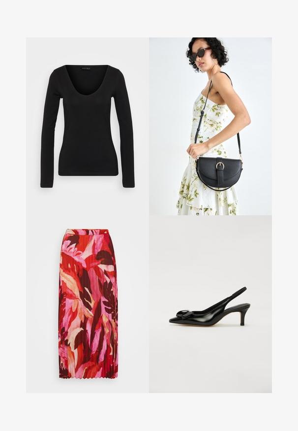 Mustast pehmest kangast pikkade varrukatega top, millel on sügav V-kaelus ja keha järgnev lõige, sile tekstuur ja minimaalsed õmblused.; Pliiatsk tugev maksiseelik, millel on elav lillemuster punaste, roosade ja kreemjate toonidega; valmistatud kergest kangast, millel on elastne vöökoht.; Must muströöp musta patentnahk king, millel on terav varvas, väike konts ja silmatorkav väikese vööga kaunistus peal. Sile tekstuur ja elegantne disain.; Mustmust mustraha kõverate joontega, eemaldatava rihmaga ja kuldsete detailidega. Kotil on klapp, millel on pandladetail.; Hõbedased lillekujulised kõrvarõngad tekstureeritud viimistlusega, pikal konksul ja kroonlehtedetaoliste detailidega, moodustades keeruka disaini.