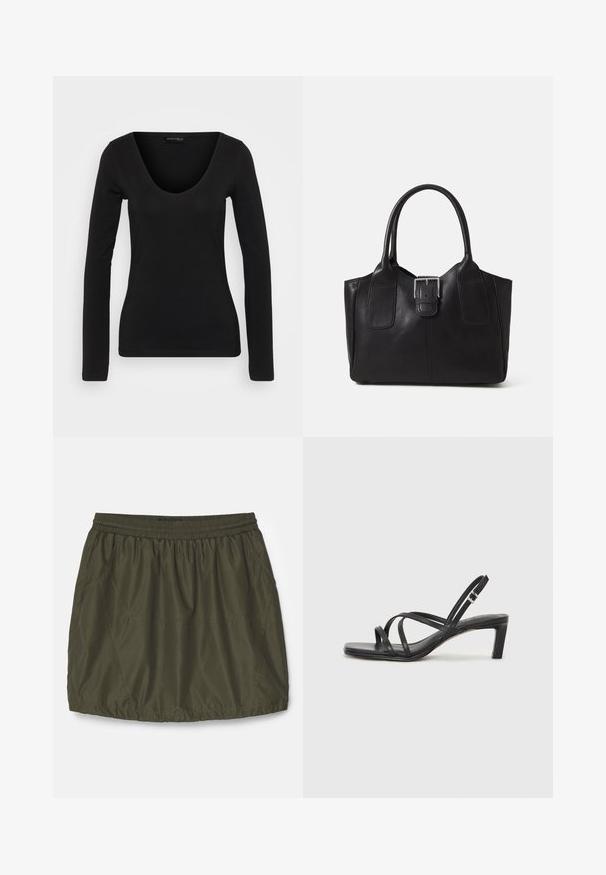 Black long-sleeve top made of soft fabric. Features a V-neckline and fitted silhouette, with smooth texture and minimal stitching details.; Olive green, lightweight skirt with an elastic waistband, gathered texture, side pockets, and stitched detailing.; Black strappy sandal with a square toe and a low block heel. Features multiple thin straps and an adjustable ankle strap. Made of smooth leather.; Black leather tote bag with smooth texture, structured shape, two handles, and a prominent silver buckle detail on the front.