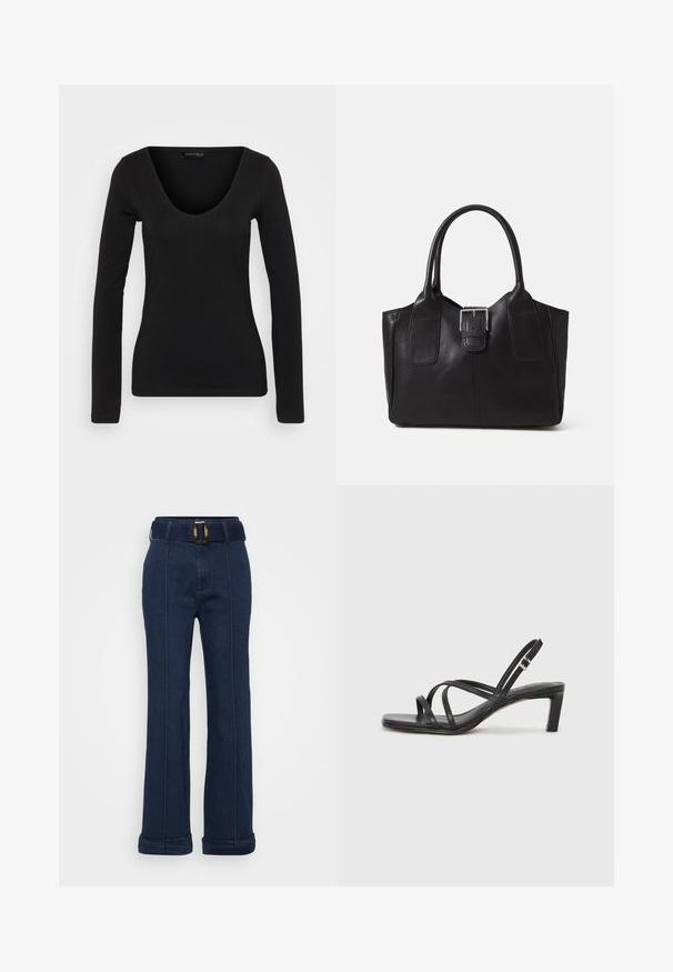 Sort langermet topp laget av mykt stoff, med dyp V-hals og tettsittende silhuett, glatt tekstur og minimale sømmer.; Mørkeblå denimbukser med bred ben design, som har et belte med en stor metallspenne og synlige sømmer.; Sorte sandaler med stropper, firkantet tå og lav blokk hæl. Har flere tynne stropper og en justerbar ankelstropp. Laget av glatt lær.; Svart skinn toteveske med jevn tekstur, strukturert form, to håndtak og en fremtredende sølvspenne foran.