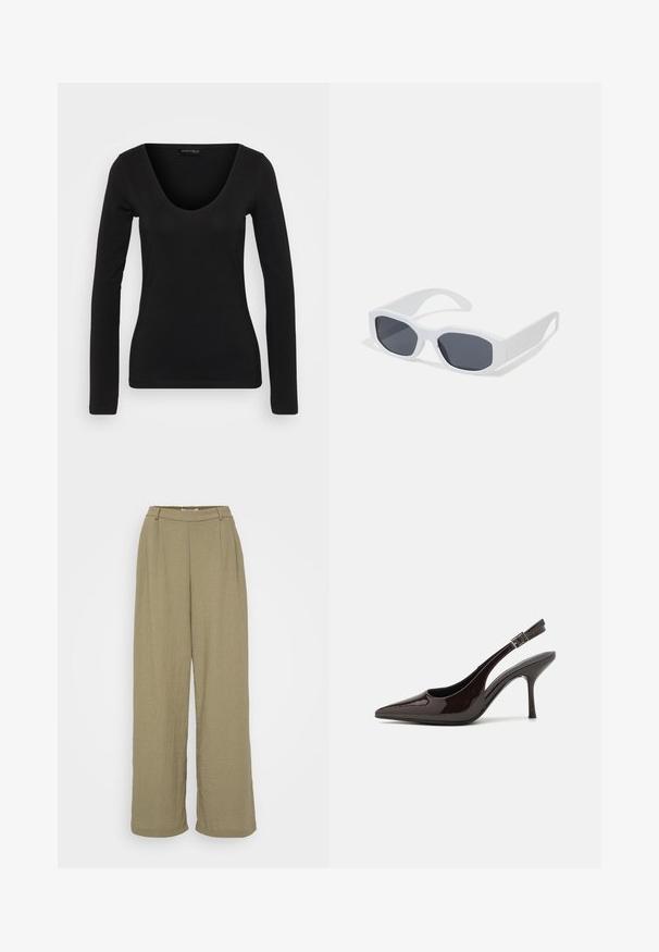 Čierny top s dlhými rukávmi vyrobený z mäkkej tkaniny. Má výstrih do V a priliehavý strih, s hladkou textúrou a minimálnymi detailmi šitia.; Olivovo zelené nohavice širokého strihu vyrobené z textúrovanej látky, s vysokým pásom a detailmi v podobe skladačiek na prednej strane. Jednoduchý a uvoľnený dizajn.; Slingback vysoké opätky v lesklej tmavohnedej lakovej koži, so špicatou špičkou, otvorenými stranami a nastaviteľným remienkom na členku.; Biele obdĺžnikové slnečné okuliare s tmavými sklami, hladkým matným povrchom a silnými rámami s ostrým dizajnom.