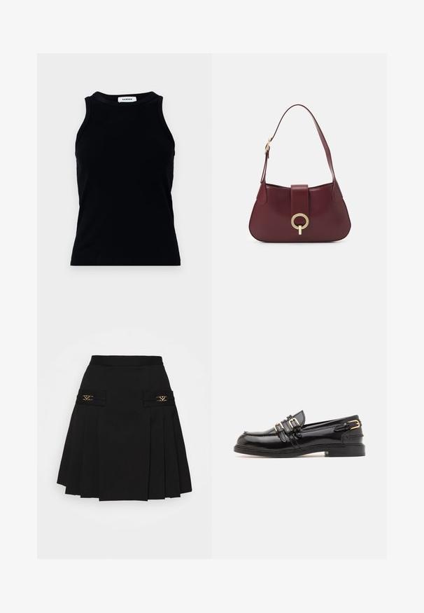 Zwarte ribben tanktop met een ronde halslijn en brede schouderbanden. Bevat geen versieringen of patronen. Gladde textuur.; Zwarte geplooide rok met gouden hardware accenten. Beschikt over zijzakken met logo-details, gemaakt van glad materiaal. A-lijn silhouet.; sandro Instappers - noir; Bordeaux leren handtas met een gebogen vorm, een gouden cirkelvormige hardware accent en een enkele schouderband. Zachte textuur, minimalistisch ontwerp.