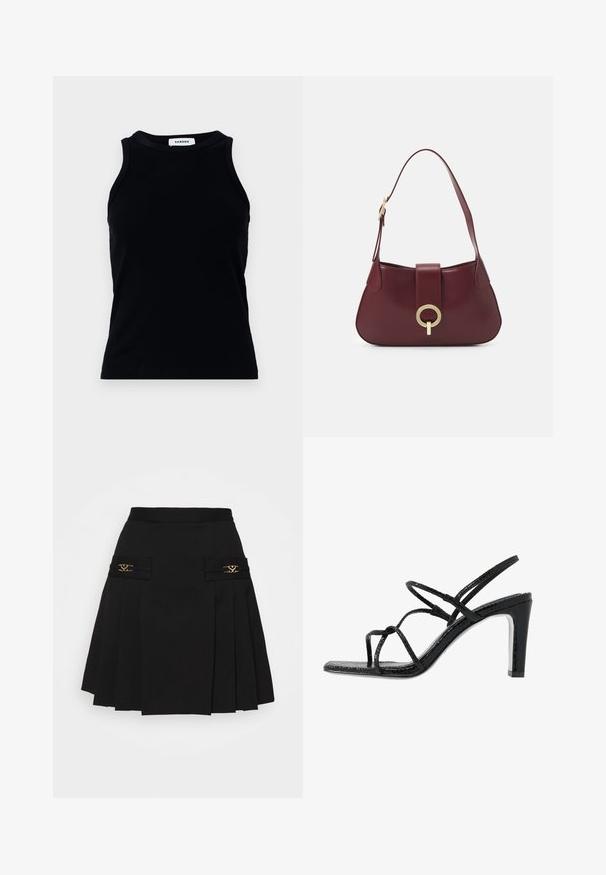 Black ribbed tank top with a round neckline and wide shoulder straps. Features no embellishments or patterns. Smooth texture.; Black pleated skirt with gold hardware accents. Features side pockets with logo detailing, made from smooth material. A-line silhouette.; Black heeled sandals with thin straps, a textured finish, open toe, and a sleek, pointed heel design. Features a smooth insole and a shiny surface.; Burgundy leather handbag with a curved shape, a gold circular hardware accent, and a single shoulder strap. Smooth texture, minimalist design.