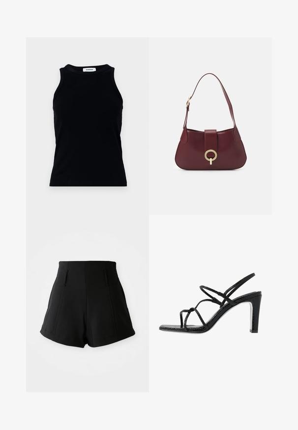 Black ribbed tank top with a round neckline and wide shoulder straps. Features no embellishments or patterns. Smooth texture.; High-waisted black shorts made from smooth fabric, featuring two front pockets, a tailored fit, and clean, simple lines.; Black heeled sandals with thin straps, a textured finish, open toe, and a sleek, pointed heel design. Features a smooth insole and a shiny surface.; Burgundy leather handbag with a curved shape, a gold circular hardware accent, and a single shoulder strap. Smooth texture, minimalist design.