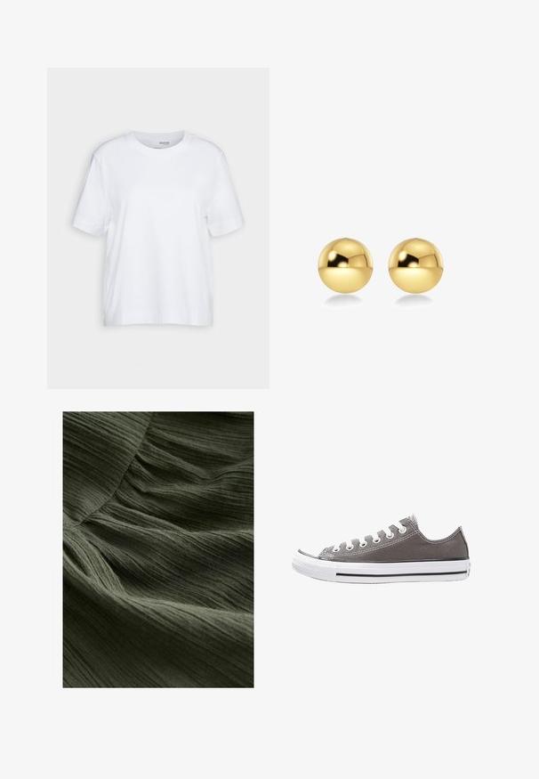 White short-sleeve t-shirt, crew neck, made of soft, smooth cotton fabric, with a straight hem and minimal detailing. Plain and versatile design.; Green pleated fabric close-up, featuring a soft, textured surface with thin, wavy lines and a lightweight, flowing appearance.; Gray canvas sneaker with white rubber sole, black stripe, and metal eyelets. Features round toe, low-top design, and textured fabric.; Gold-colored spherical earrings with a shiny, reflective surface. The design is simple and smooth, creating a modern, minimal look.