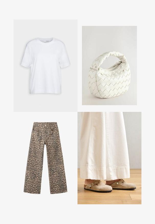 T-shirt bianco a maniche corte, collo girocollo, realizzato in morbido e liscio tessuto di cotone, con orlo dritto e dettagli minimi. Design semplice e versatile.; Pantaloni a gamba larga in denim di tessuto beige con motivo maculato nero; presentano cinque tasche e chiusura frontale con bottone.; Zoccoli in suede beige con cinturino fibbiato e dettagli di borchie, indossati con pantaloni bianchi a gamba larga, poggiati su un pavimento in legno.; Borsa intrecciata bianca con manico arrotondato, dotata di chiusura a zip e una texture imbottita. Finitura liscia e motivo geomtrico sulla superficie.