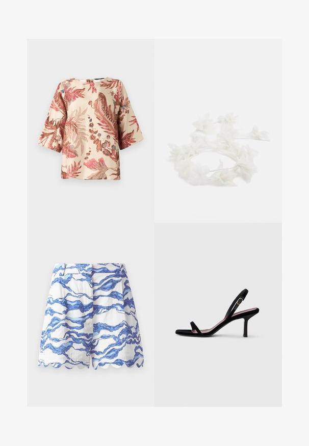 Világos bézs színű, virágmintás blúz, rózsaszín és barna levélmintákkal, rövid ujjakkal és hátsó záródással ellátott kerek nyakkal.; Fehér rövidnadrág kék hullám mintával, fodros szegéllyel, könnyű anyagból, pliszírozott elülső résszel és laza fazonnal. Alkalmas hétköznapi viseletre.; Fekete velúr női magassarkú szandál slim pántokkal és arany csattal, fehér háttér előtt, oldalnézetben.; Fehér szirmokból készült virágfejdísz, vékony, rugalmas pánttal. A szirmok puhák és könnyűek, így finom, rétegzett megjelenést kölcsönöznek.